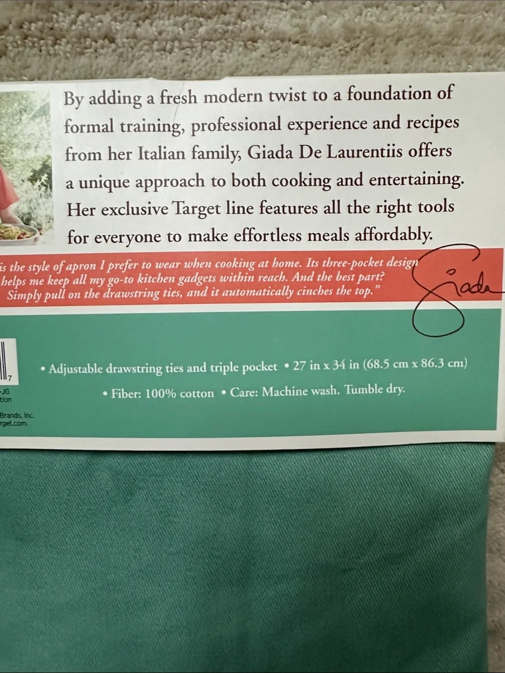 Giada De Larentiis Target Apron Cotton Adjustable Drawstring Ties Triple Pockets